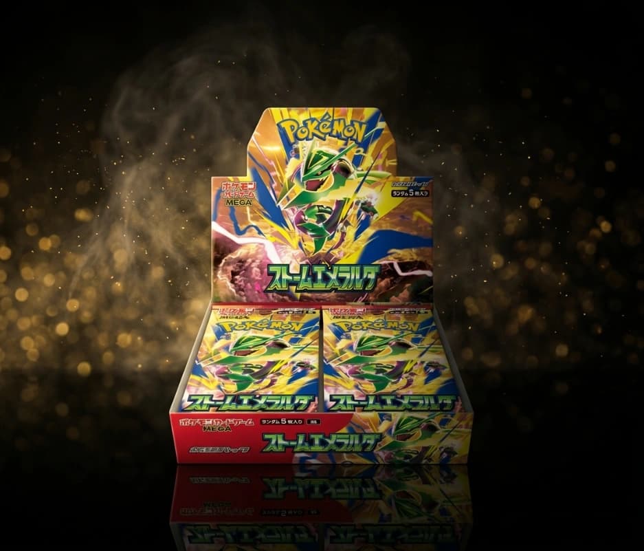 Caixa de booster Storm Emerald, expansão japonesa de Pokémon, aberta com os pacotes à mostra
