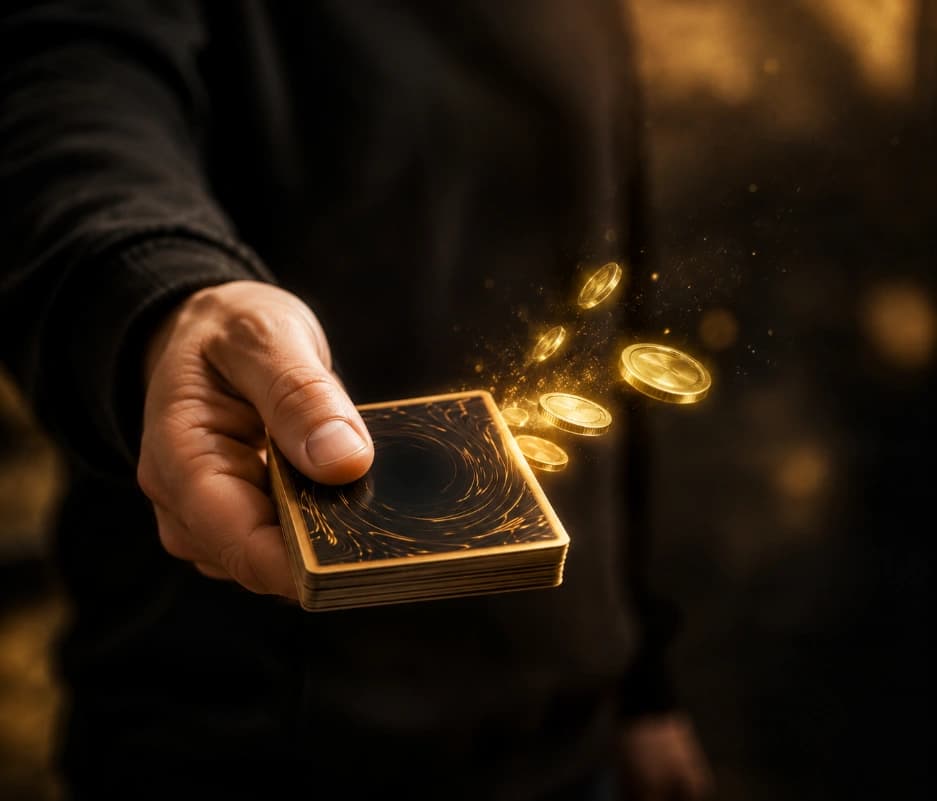 Mão estendendo um bolo de cartas, com moedas douradas saindo dele
